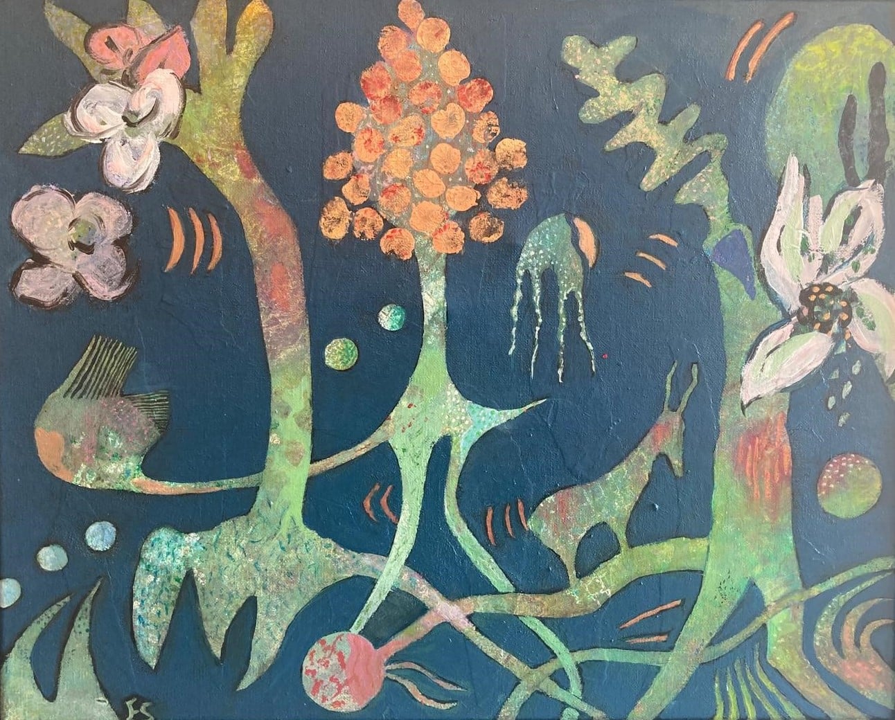"Forunderlige have II."
Mixed media på lærred, 40x50 cm.
3.000,-
